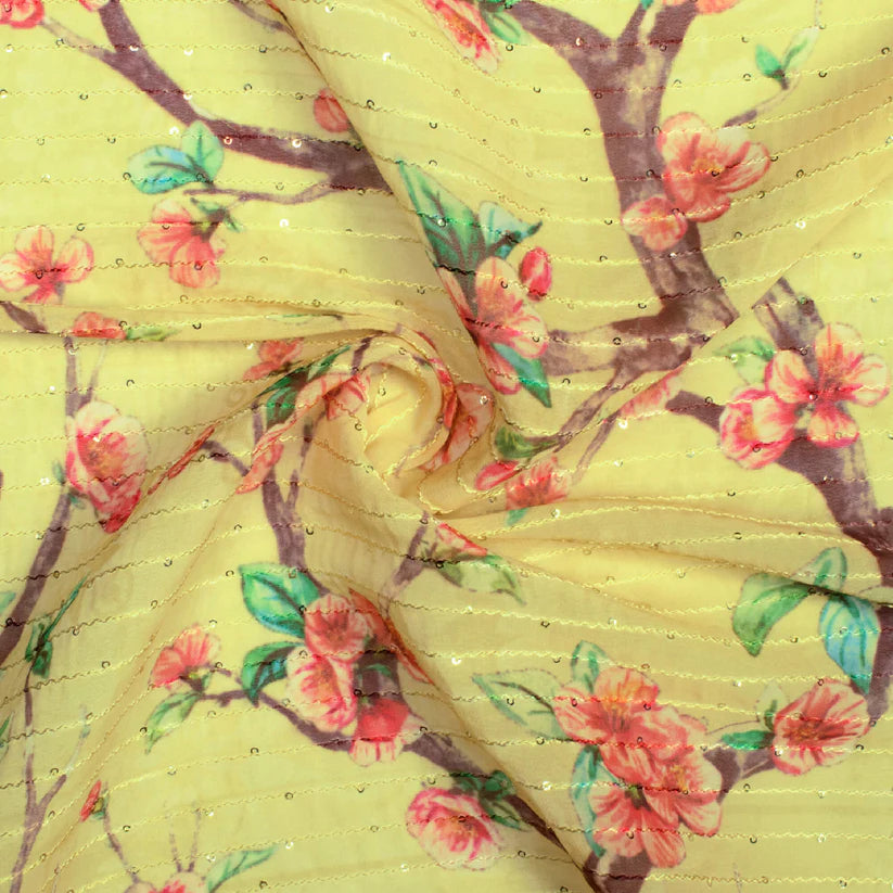Laguna Yellow And Red Floral Pattern Digital Print Premium Sequins Georgette Fabric