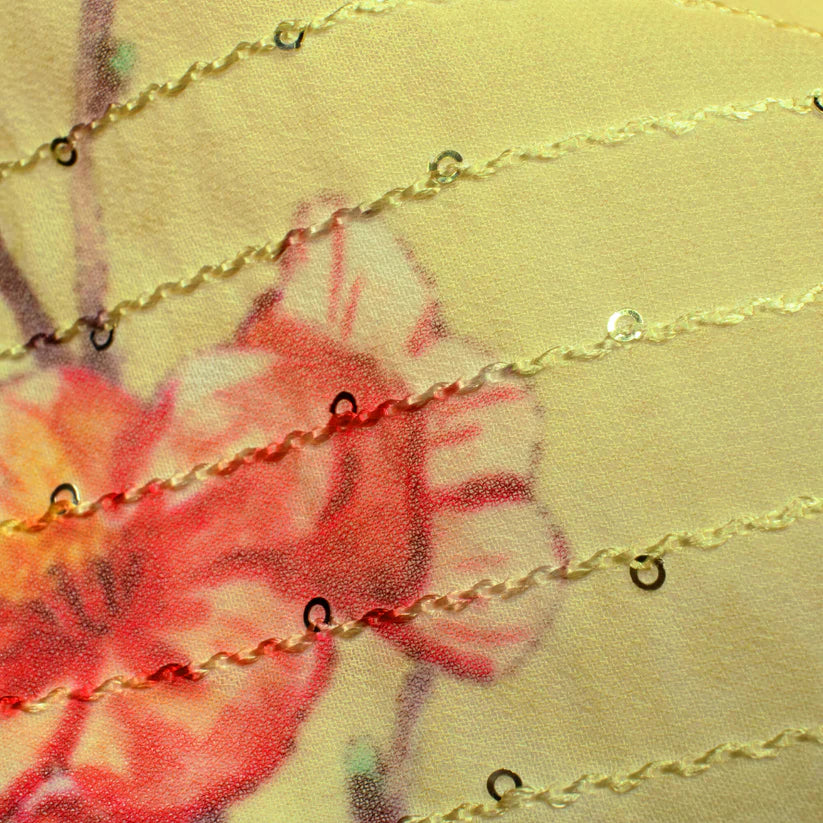 Laguna Yellow And Red Floral Pattern Digital Print Premium Sequins Georgette Fabric