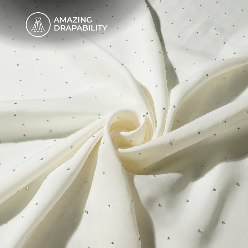 Plain Ivory White Svarovski Work Imported Satin Fabric
